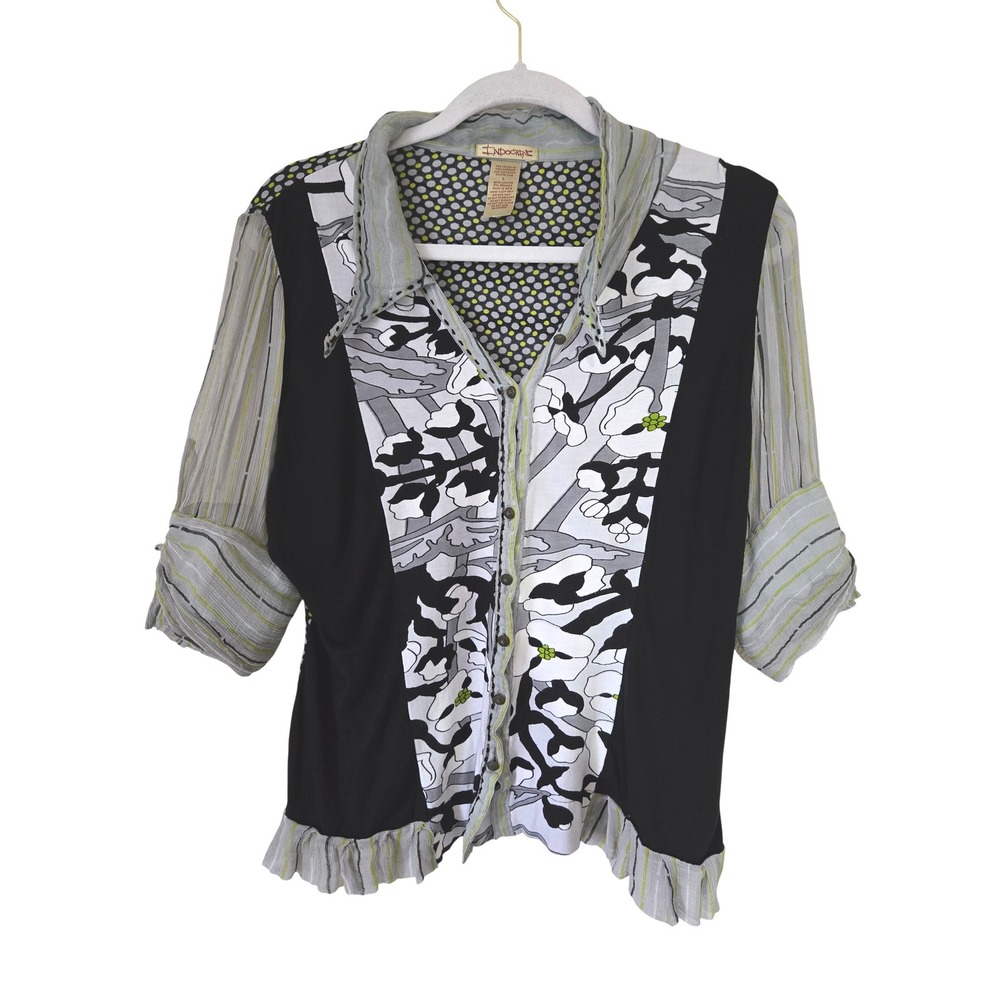 Indochine Womens L Mixed Print Top Ruffle Hem Art To Wear Lagenlook